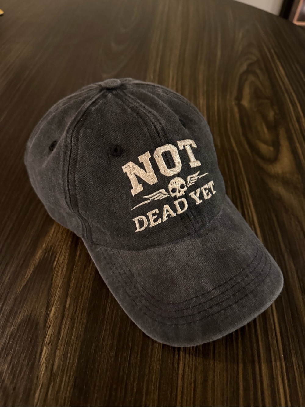 'NOT DEAD YET' Embroidered Distressed Cap - Dark Gray
